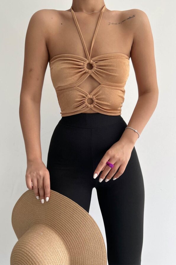 Halka Tokalı Cut Out Top Bluz Camel - 1514.9135.