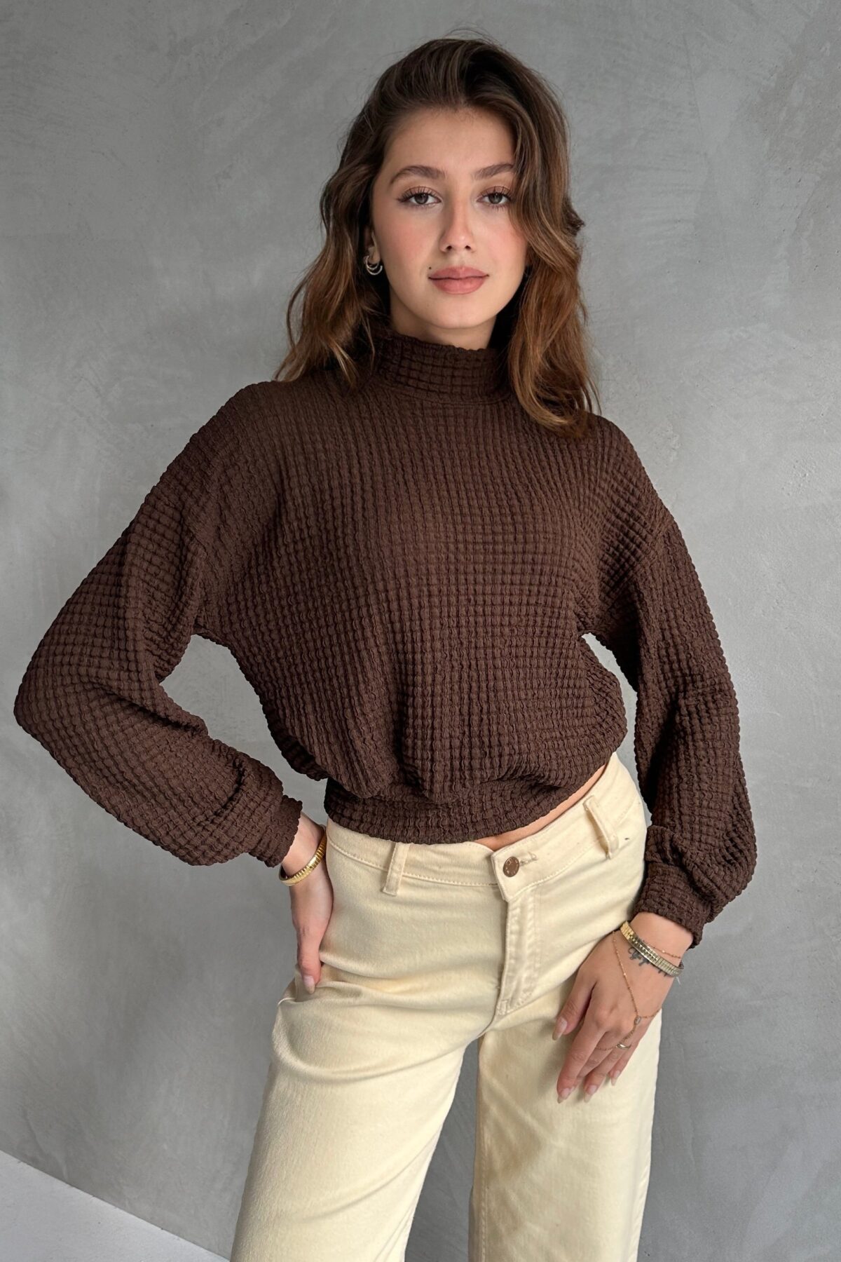Balıkçı Yaka Dokulu Crop Bluz