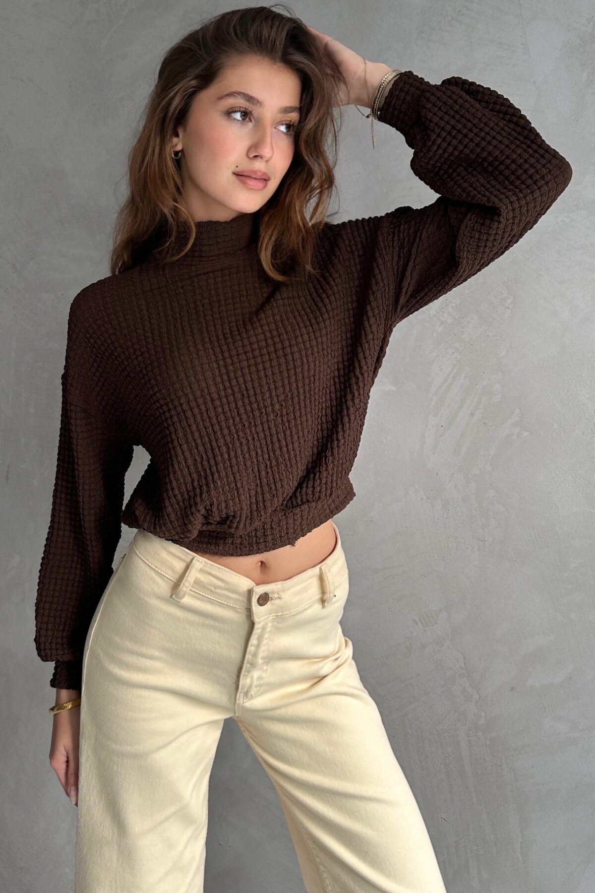 Balıkçı Yaka Dokulu Crop Bluz