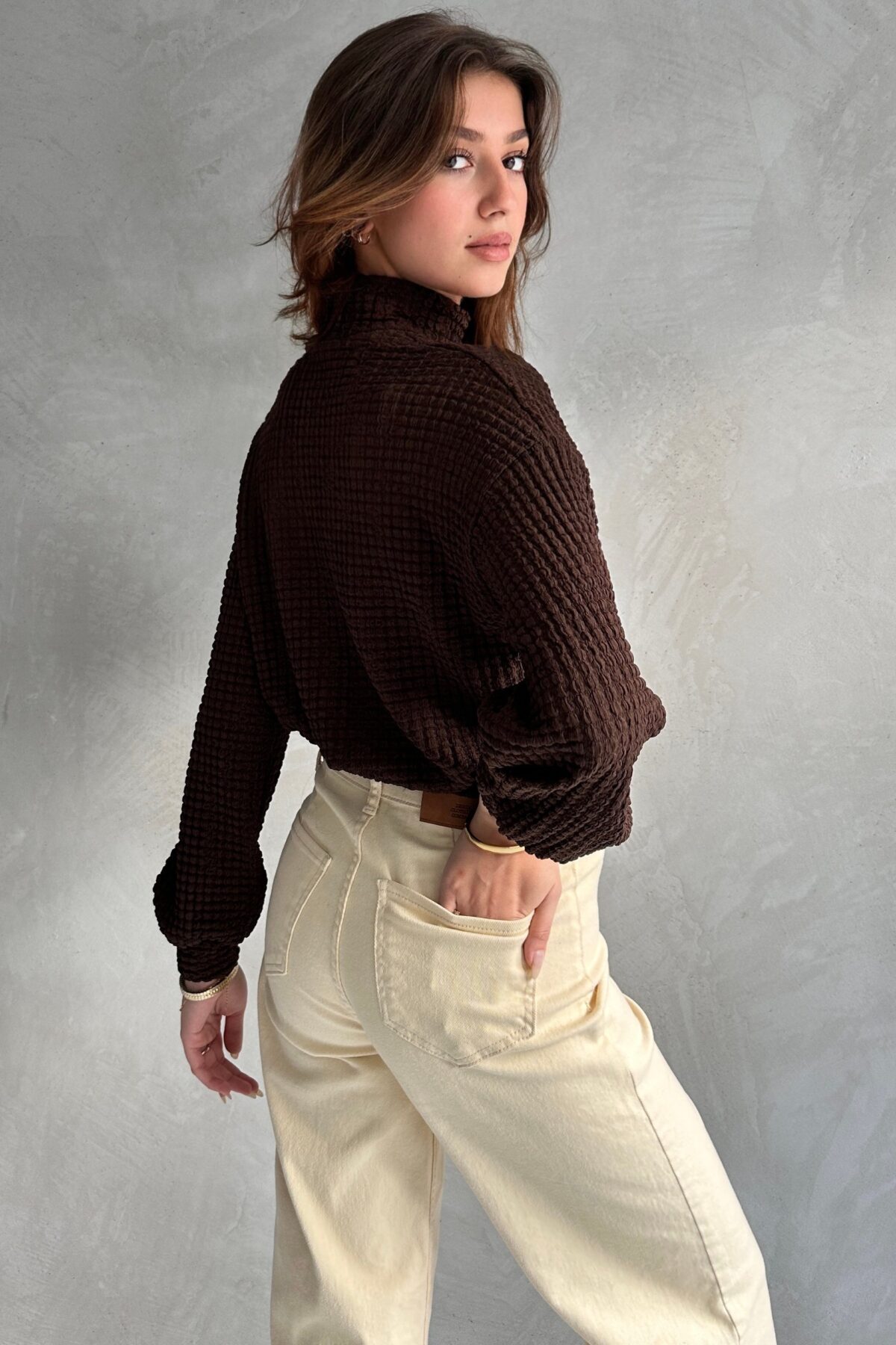 Balıkçı Yaka Dokulu Crop Bluz
