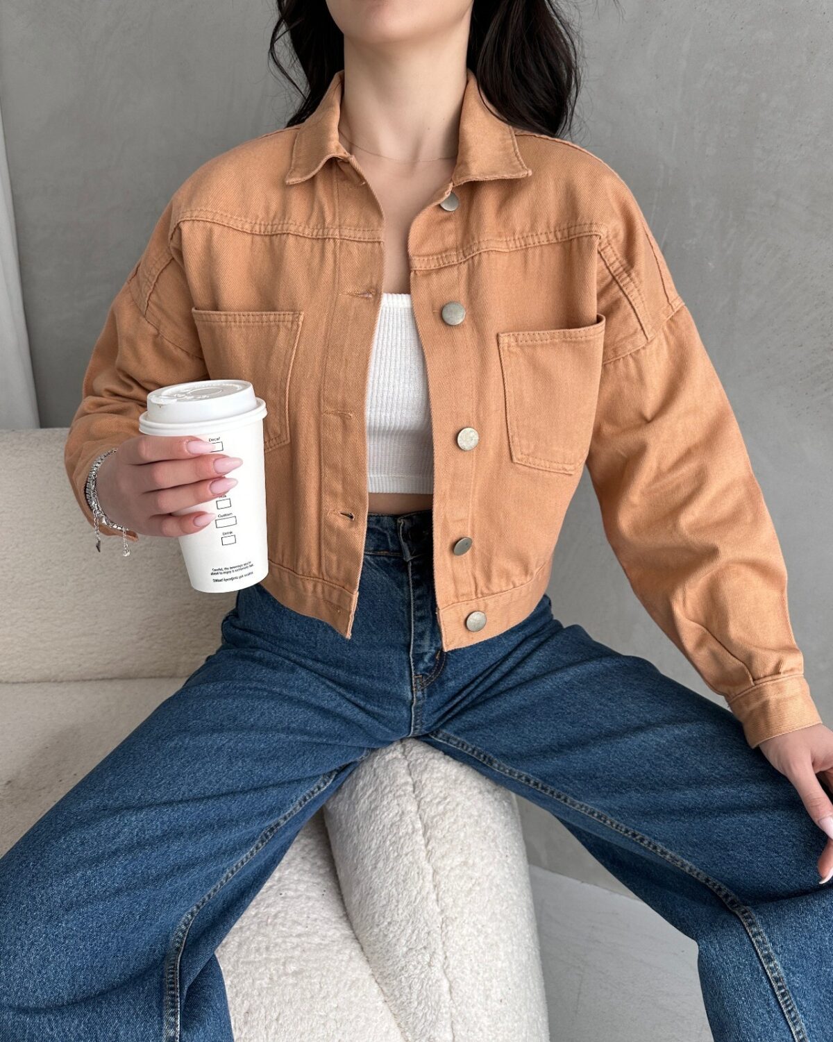 Çift Cep Crop Denim Ceket