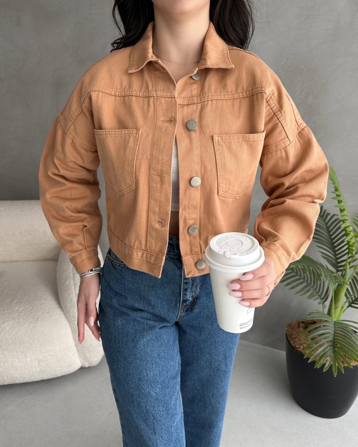 Çift Cep Crop Denim Ceket