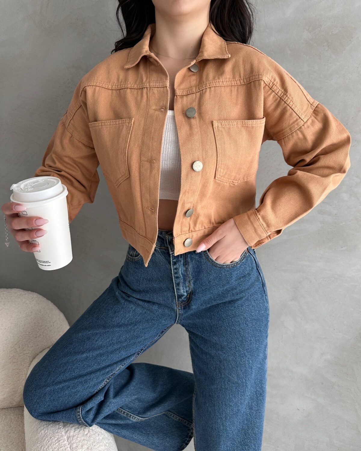 Çift Cep Crop Denim Ceket