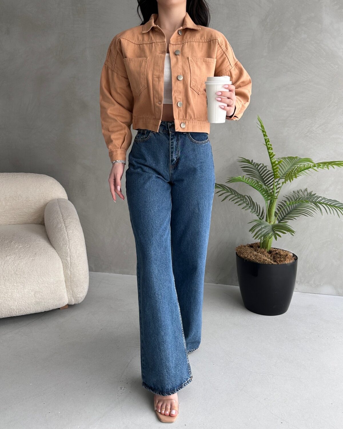 Çift Cep Crop Denim Ceket