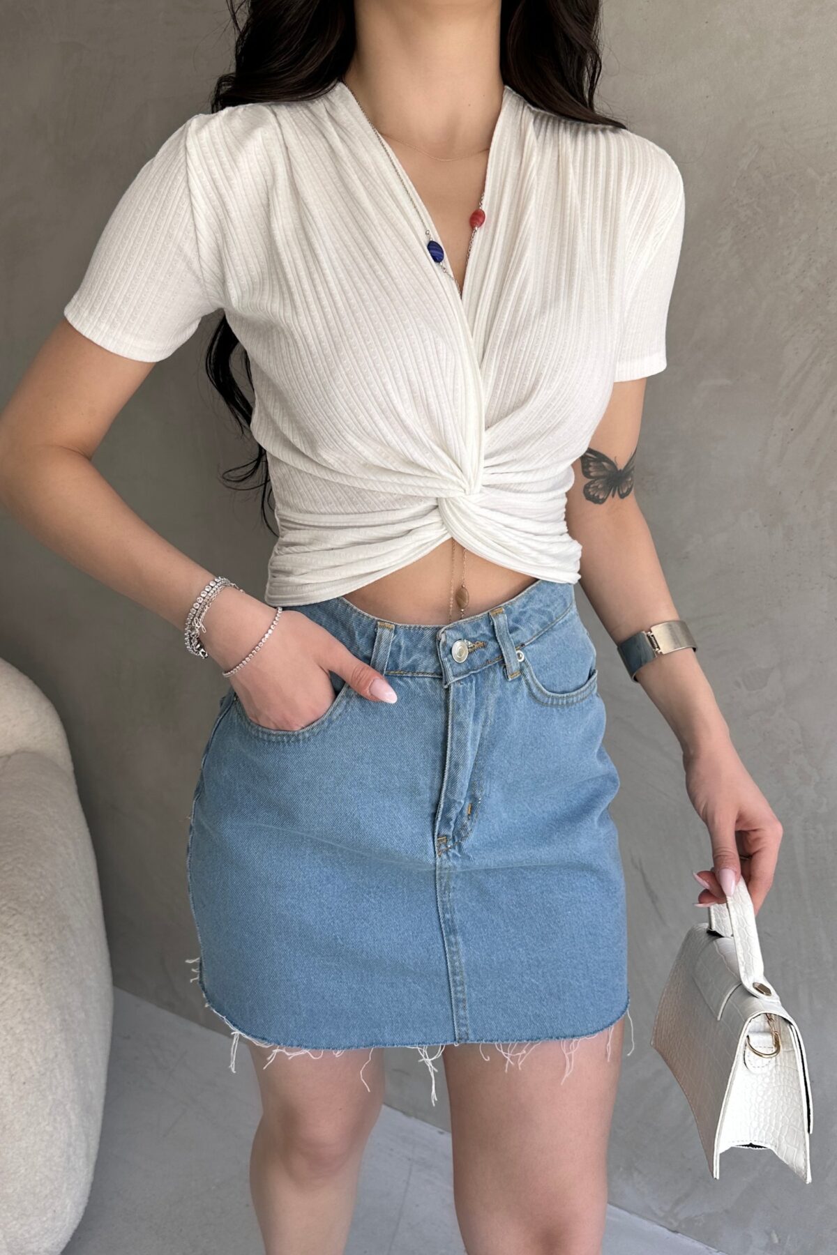 Kruvaze Yaka Crop Bluz