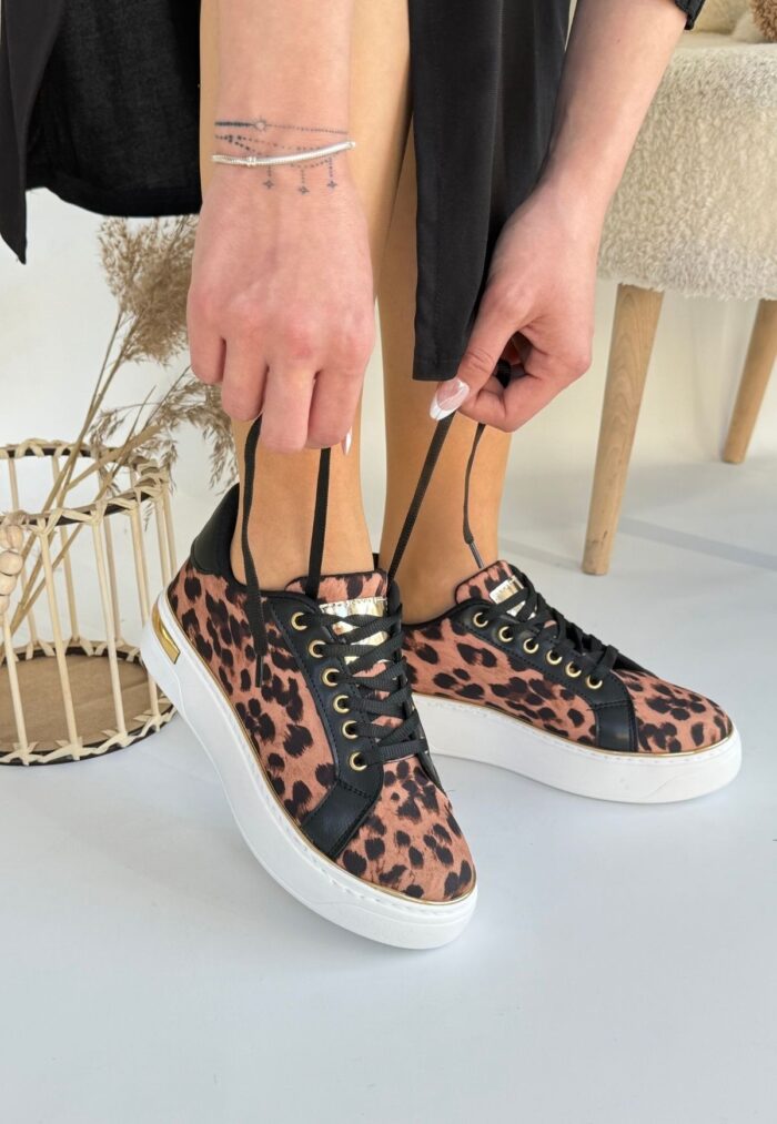 Kity Leopar Saten Bağcıklı Spor Ayakkabı Leopar