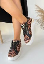 Kity Leopar Saten Bağcıklı Spor Ayakkabı Leopar