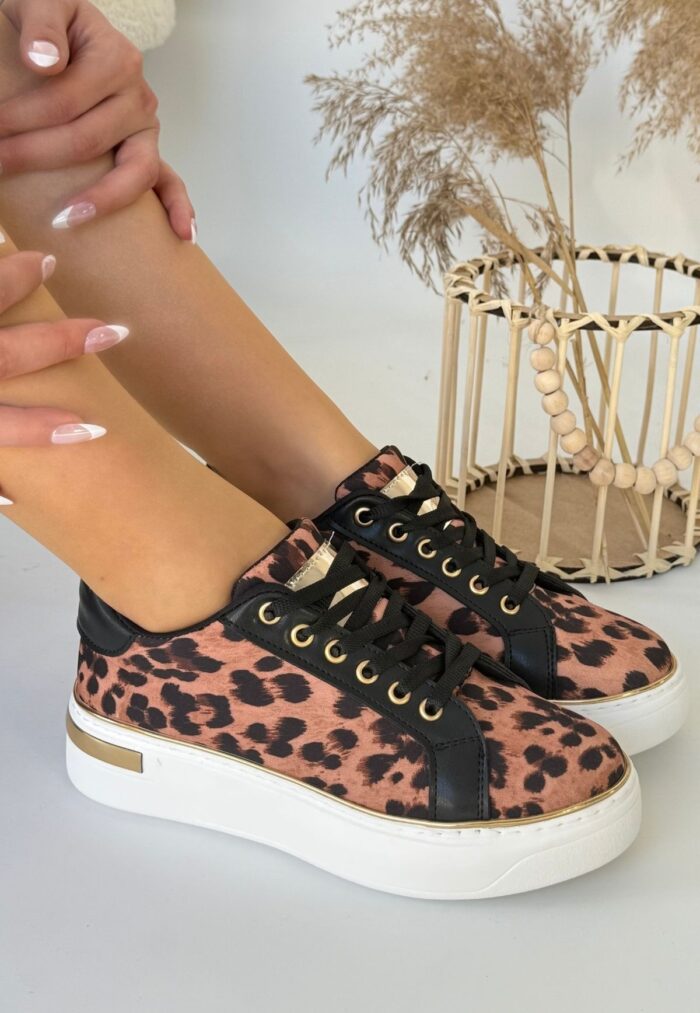 Kity Leopar Saten Bağcıklı Spor Ayakkabı Leopar