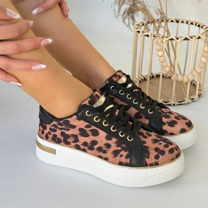Kity Leopar Saten Bağcıklı Spor Ayakkabı Leopar