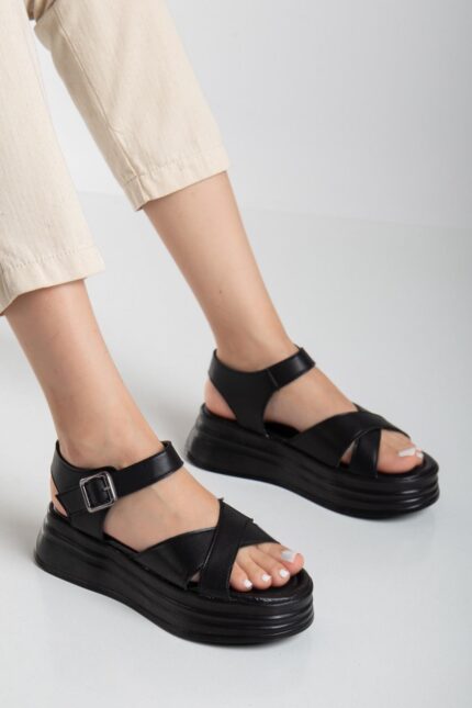 Sibna Siyah Cilt Kemerli Sandalet Siyah