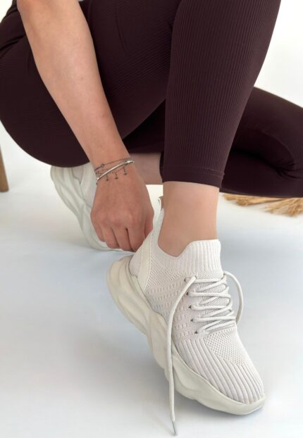 Bej Triko Bağcıklı Spor Ayakkabı Bej