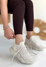 Bej Triko Bağcıklı Spor Ayakkabı Bej
