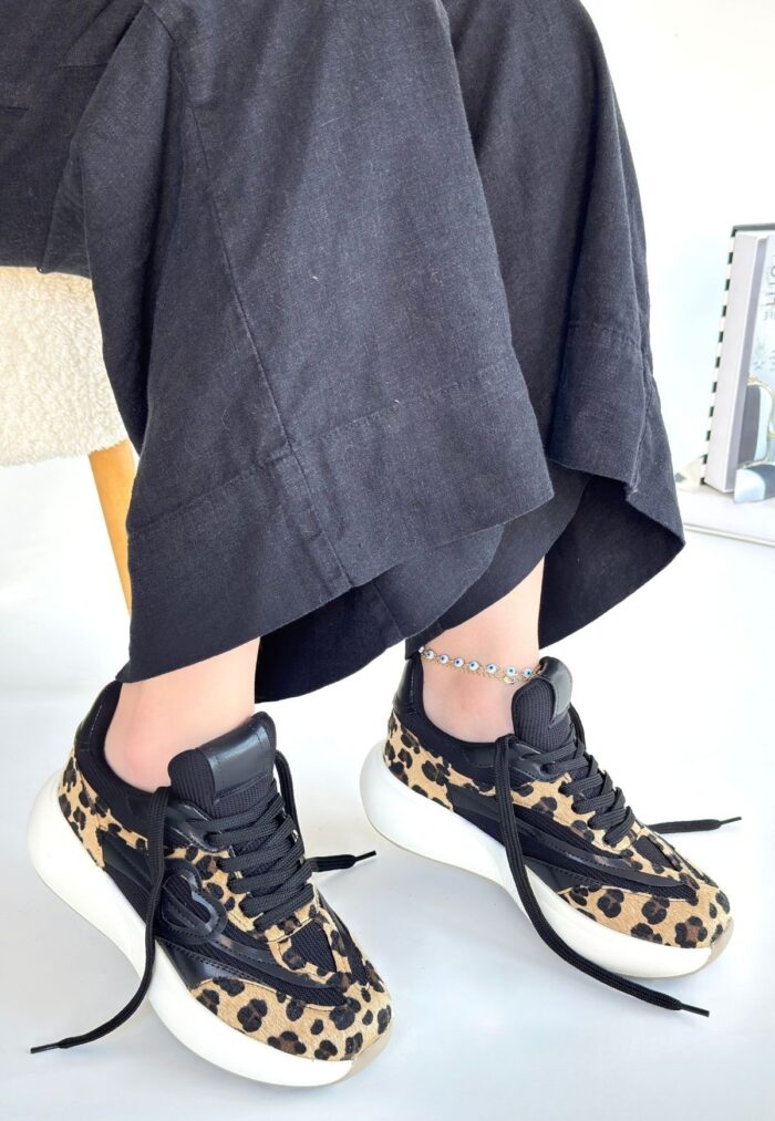 Leopar Süet Bağcıklı Spor Ayakkabı Leopar