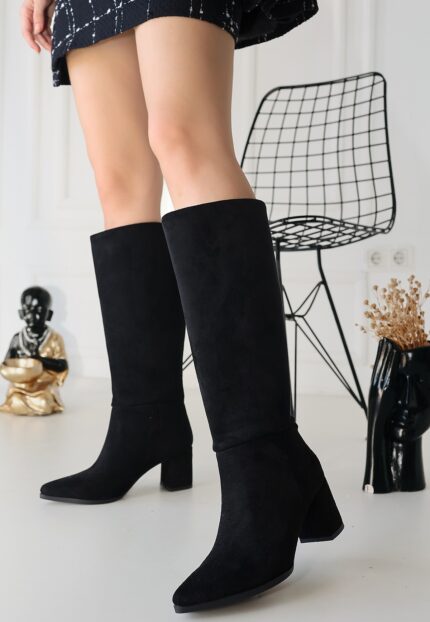 Roksa Siyah Süet Topuklu Çizme Siyah Süet