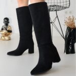 Roksa Siyah Süet Topuklu Çizme Siyah Süet