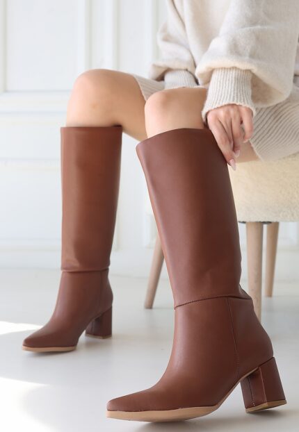 Roksa Taba Cilt Topuklu Çizme Taba