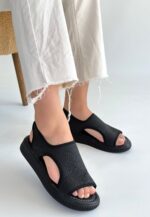 Wayi Siyah Hasır Cilt Sandalet Siyah