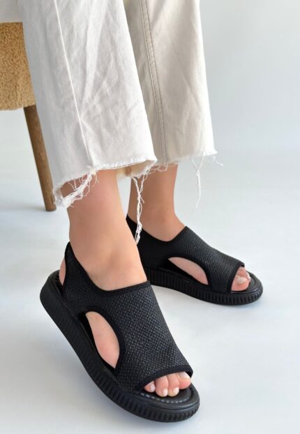 Wayi Siyah Hasır Cilt Sandalet Siyah