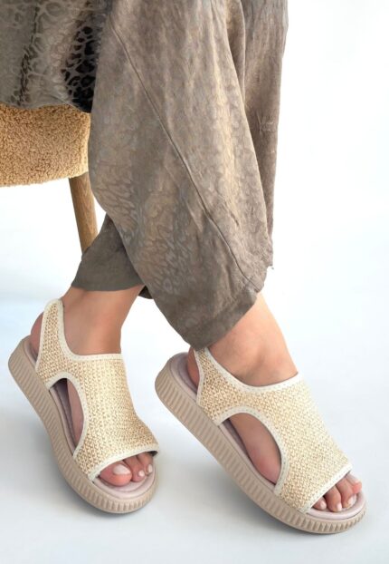 Wayi Bej Hasır Cilt Sandalet Bej