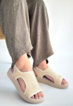 Wayi Bej Hasır Cilt Sandalet Bej