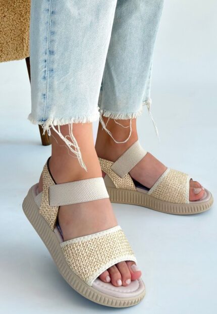 Jake Bej Hasır Cilt Sandalet Bej
