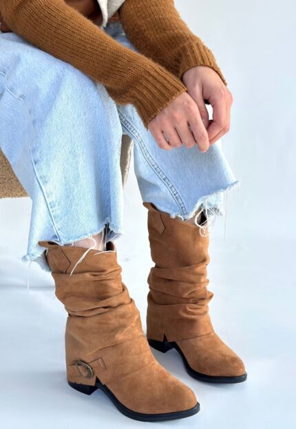 Canty Taba Süet Körüklü Topuklu Çizme Taba