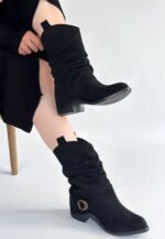 Canty Siyah Süet Körüklü Topuklu Çizme Siyah