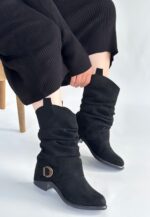 Canty Siyah Süet Körüklü Topuklu Çizme Siyah