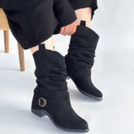 Canty Siyah Süet Körüklü Topuklu Çizme Siyah