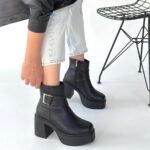 Lonji Siyah Cilt Topuklu Bot Siyah