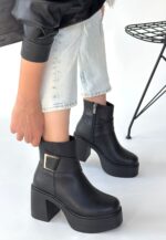 Lonji Siyah Cilt Topuklu Bot Siyah