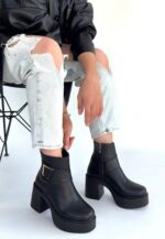 Lonji Siyah Cilt Topuklu Bot Siyah