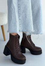 Tsan Kahverengi Cilt Bağcıklı Topuklu Bot Kahverengi