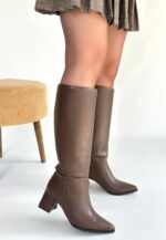 Roksa Acı Kahvei Cilt Topuklu Çizme Açık Kahve