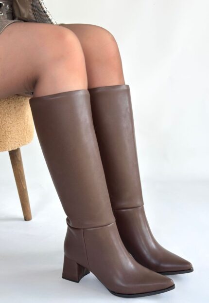 Roksa Acı Kahvei Cilt Topuklu Çizme Açık Kahve