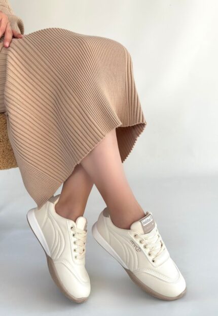 Tawen Bej Cilt Bağcıklı Spor Ayakkabı Bej