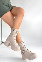 Linma Bej Cilt Bağcıklı Topuklu Bot Bej