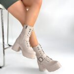 Linma Bej Cilt Bağcıklı Topuklu Bot Bej