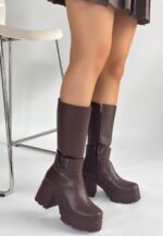 Moki Kahverengi Cilt Topuklu Çizme Kahverengi