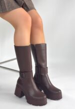 Moki Kahverengi Cilt Topuklu Çizme Kahverengi