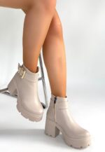 Pinma Bej Cilt Topuklu Bot Bej