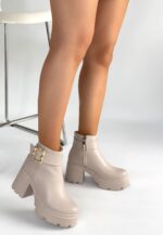 Pinma Bej Cilt Topuklu Bot Bej