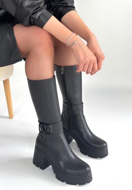 Moki Siyah Cilt Topuklu Çizme Siyah