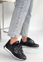 Ranu Siyah Cilt Paraşüt Detaylı Bağcıklı Spor Ayakkabı Siyah