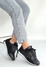 Ranu Siyah Cilt Paraşüt Detaylı Bağcıklı Spor Ayakkabı Siyah