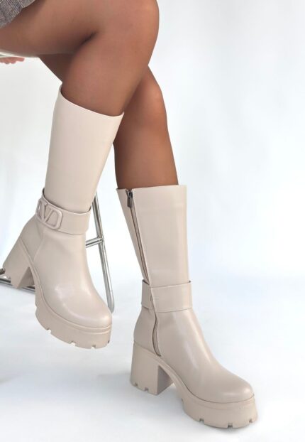 Moki Bej Cilt Topuklu Çizme Bej