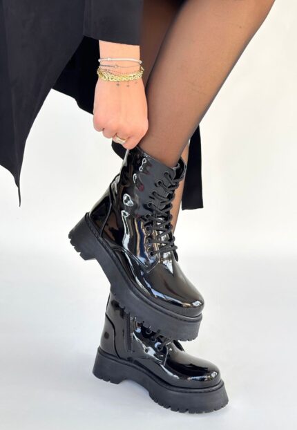 Jonni Siyah Rugan Bağcıklı Bot Siyah Rugan